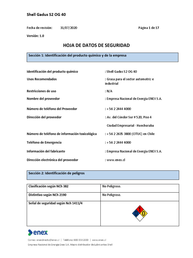 Hoja de Datos de Seguridad: Shell Gadus S2 OG 40 | PDF | Residuos | Agua