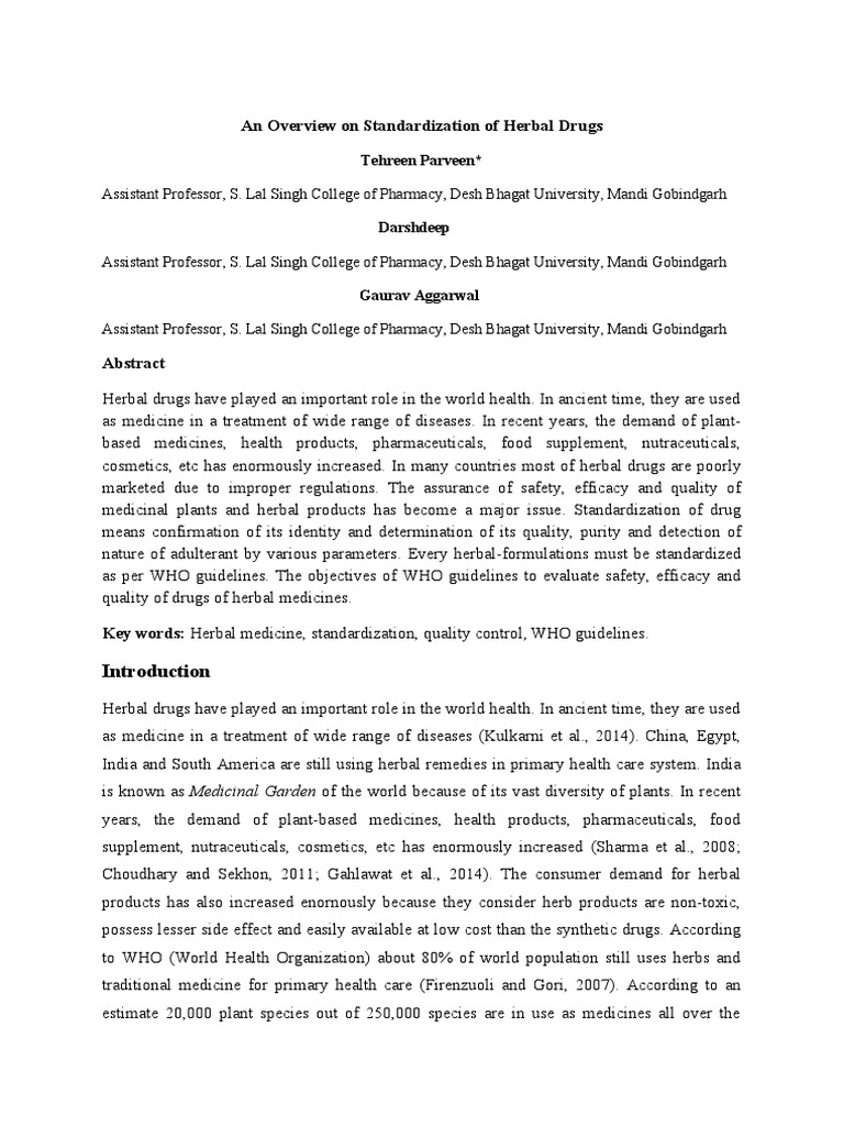 Standardization of Herbal Drugs Explained | PDF | Medicinal Plants ...