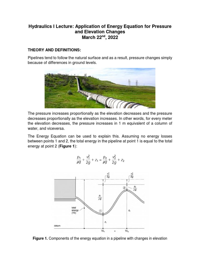Hydraulics I Lecture Application of Energy Equation For Pressure and