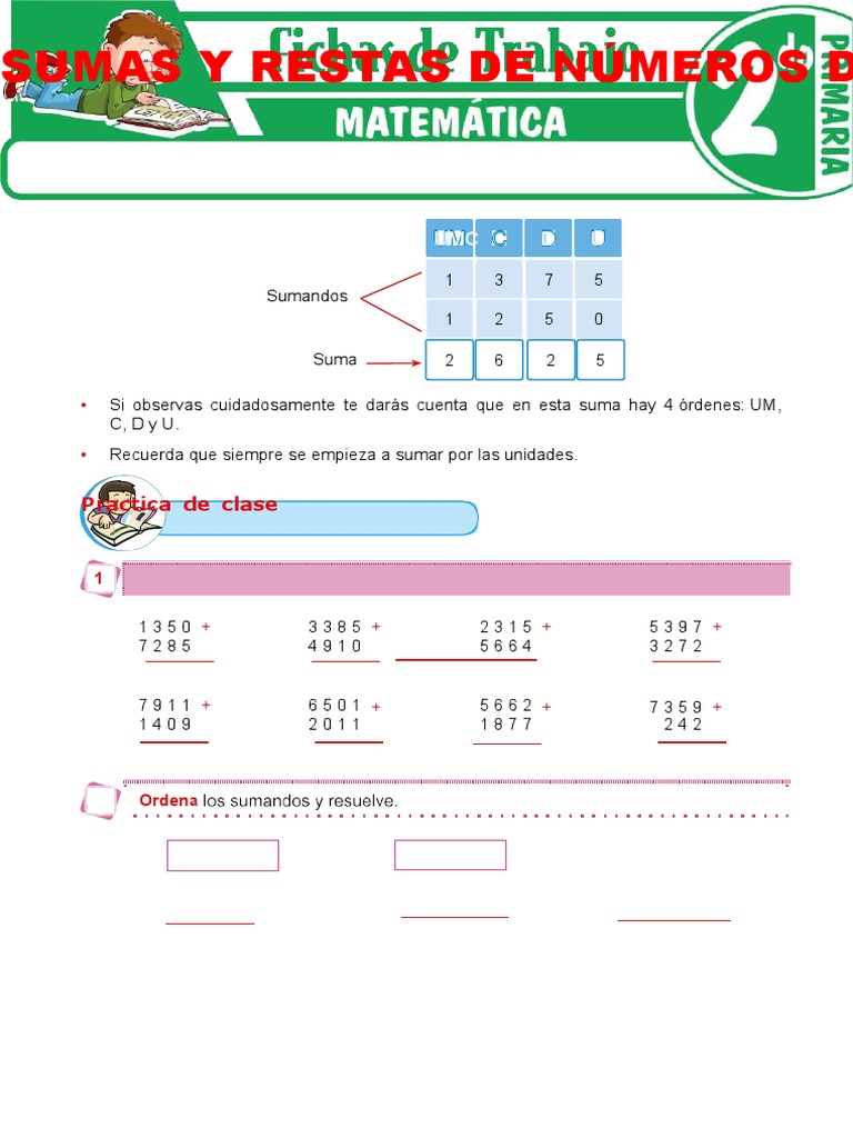 Sumas y Restas de Números de 4 Cifras para Segundo Grado de Primaria ...