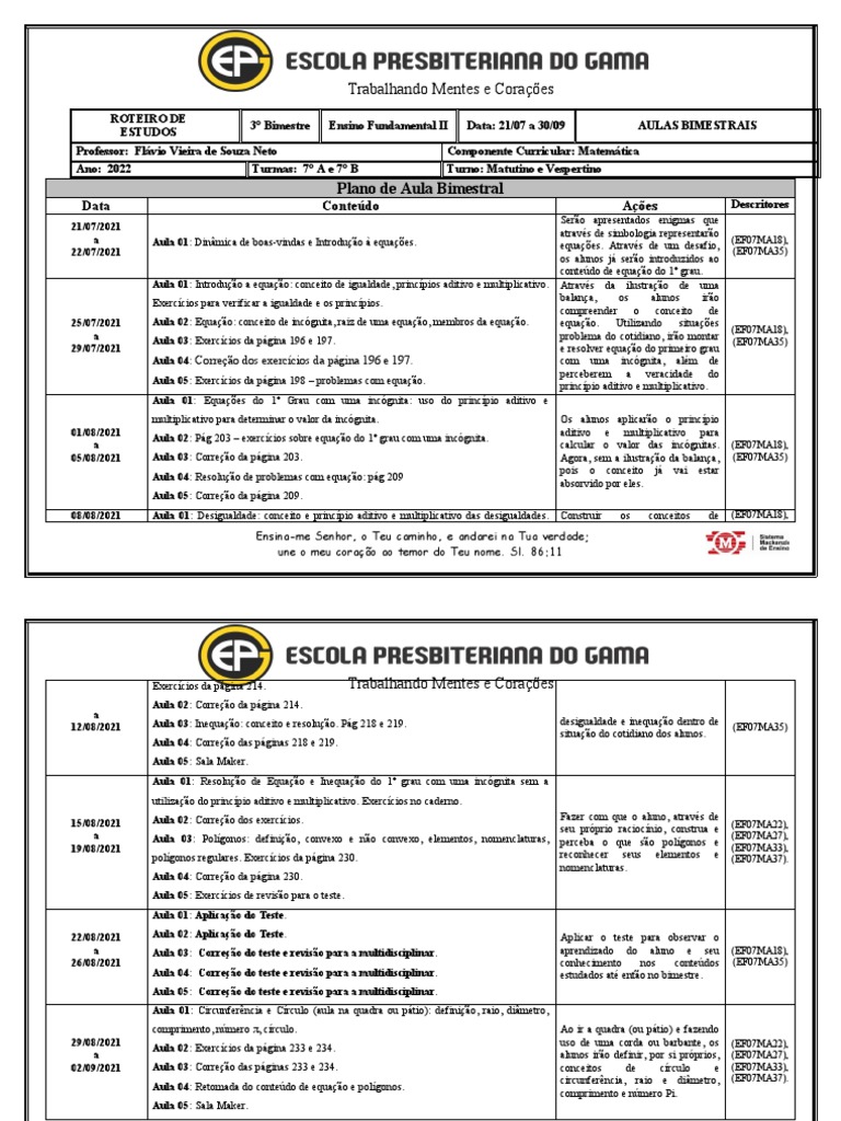 Plano de Aula de Matemática - 7° Ano - 3º Bimestre | PDF | Equações ...