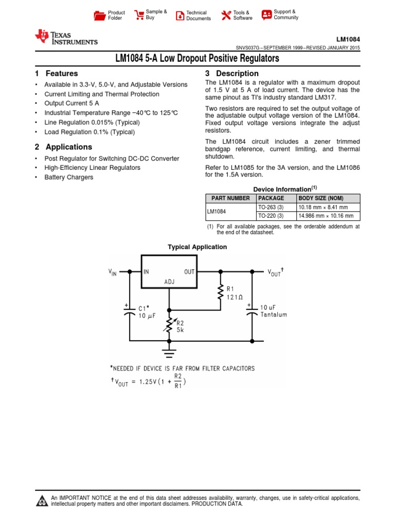 Lm1084 5 a low dropout positive regulators 1 features 3 description