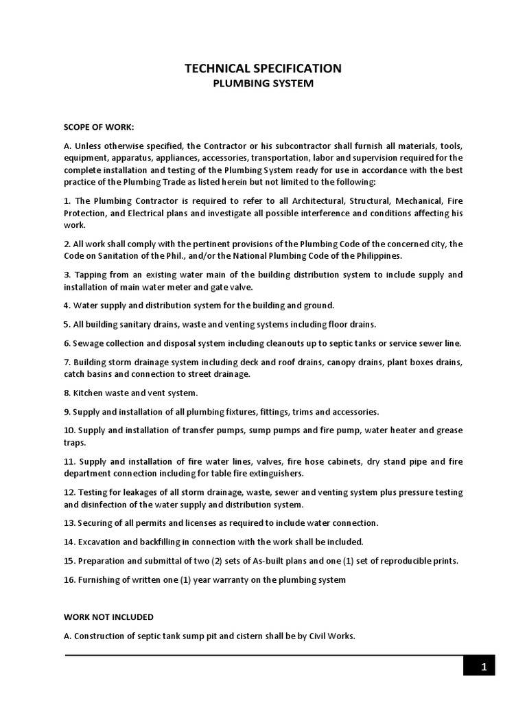 Plumbing System Technical Specifications | PDF | Plumbing | Storm Drain