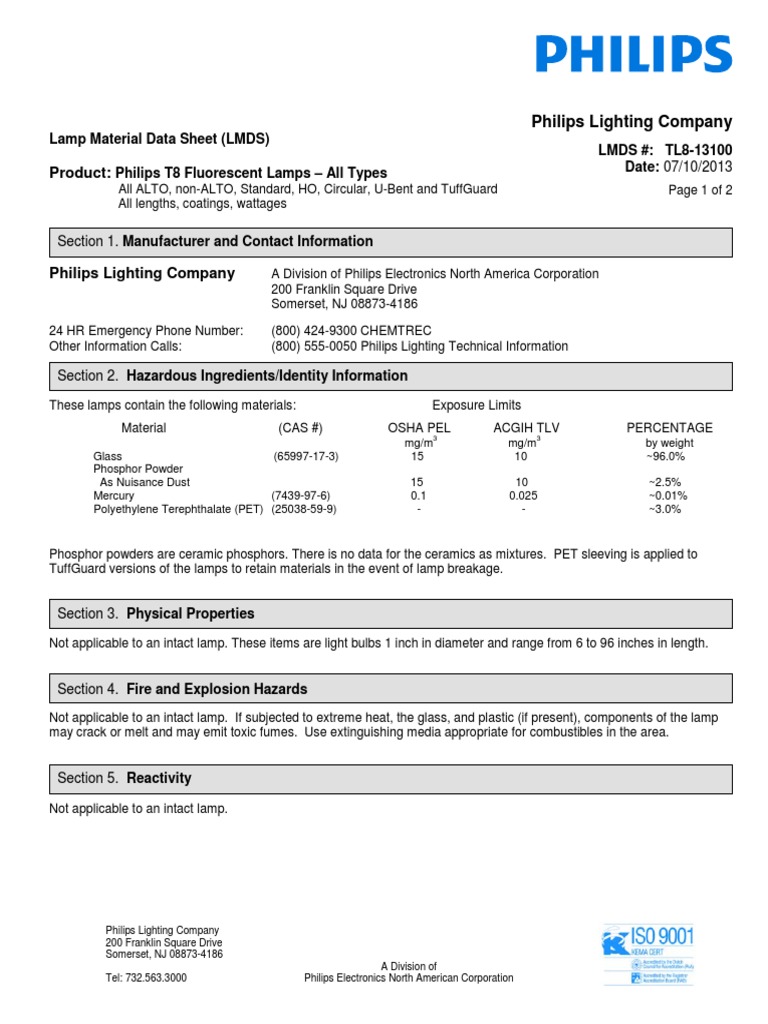 MSDS of Fluorescent T8 Lamps PDF Safety Occupational Safety And Health