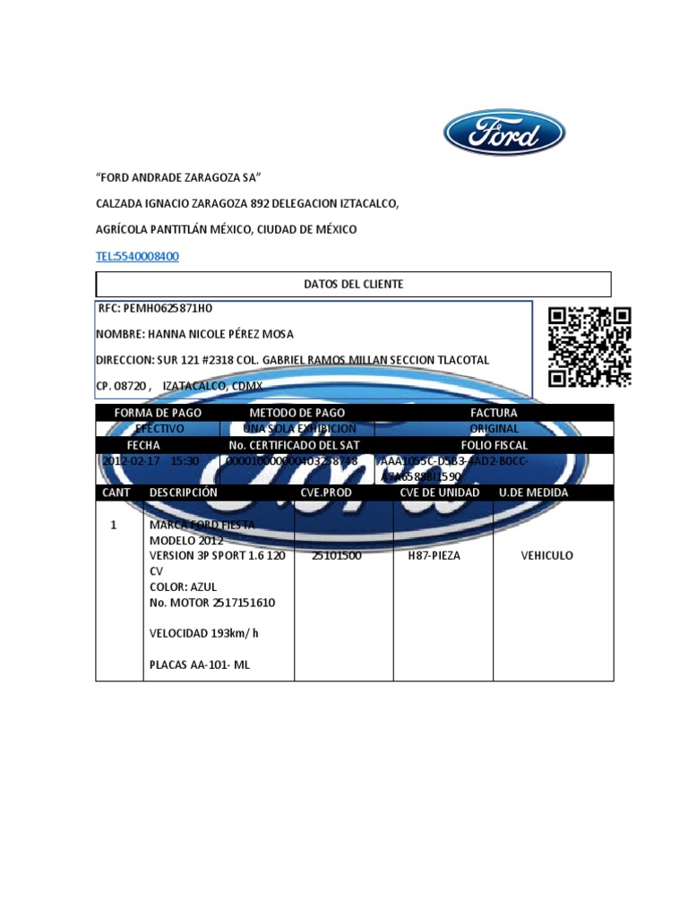 Factura Original Ford 2012 | PDF | Negocios | Finanzas y dinero