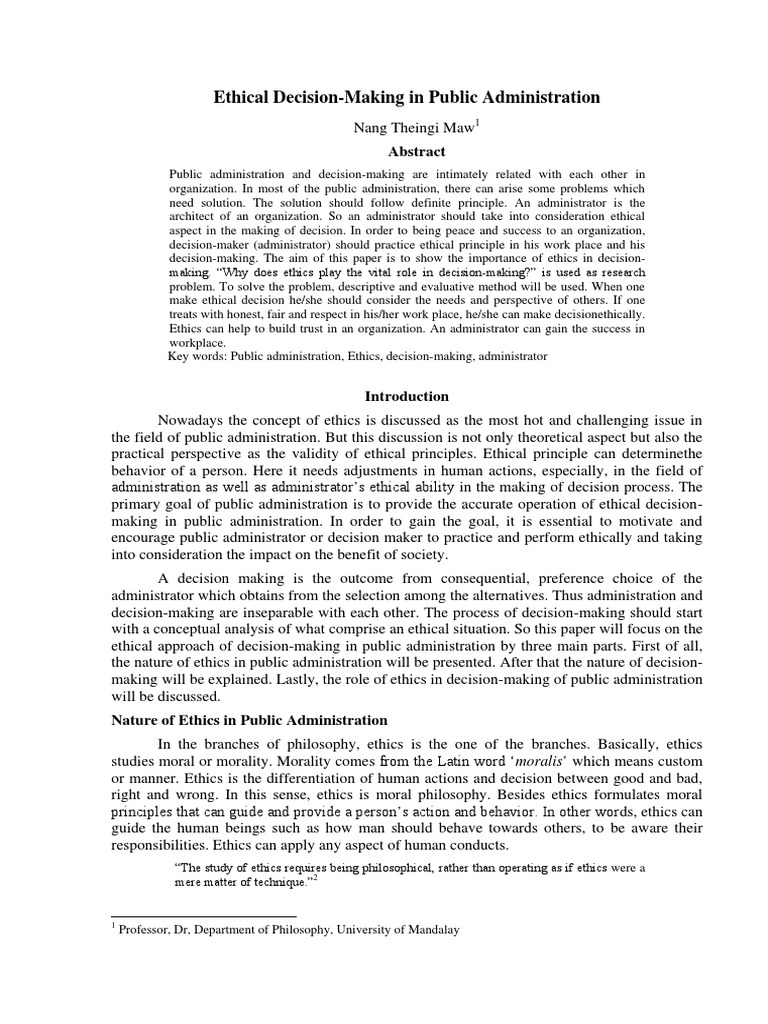 Ethical Decision Making In Public Administration Pdf Utilitarianism