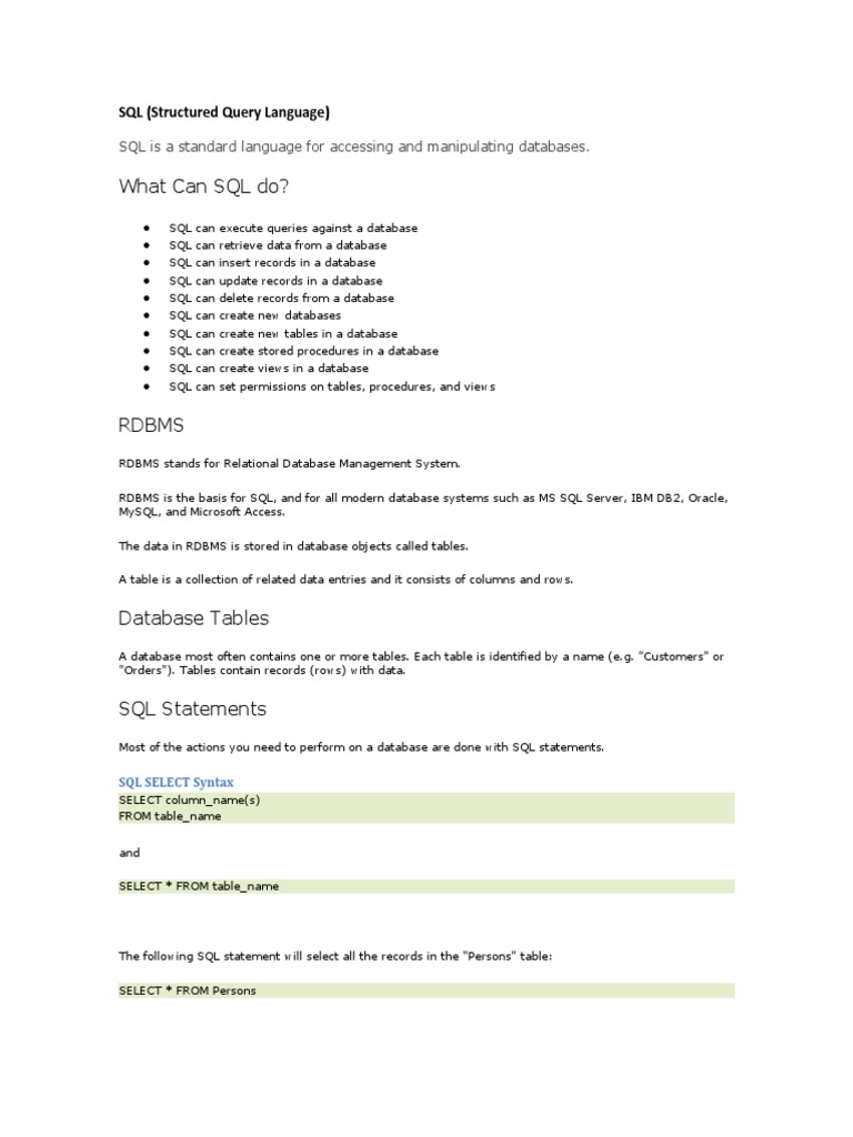 What Can SQL Do?: SQL (Structured Query Language) | PDF | Relational ...