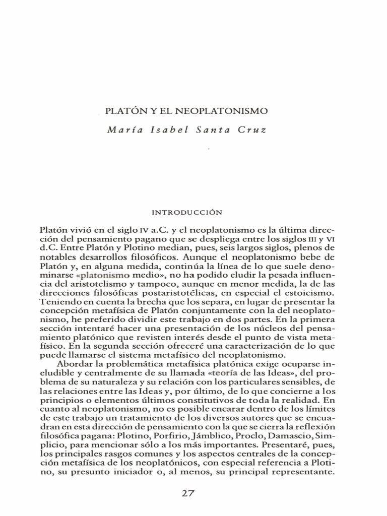 Platón y El Neoplatonismo María Isabel Santa Cruz PDF