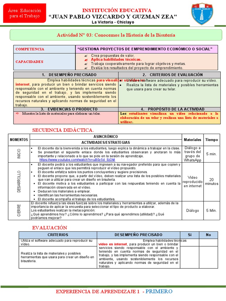 EPT - EXPERIENCIAS DE APRENDIZAJE 1 - PRIMERO-sesion 3 - Virtual | PDF ...
