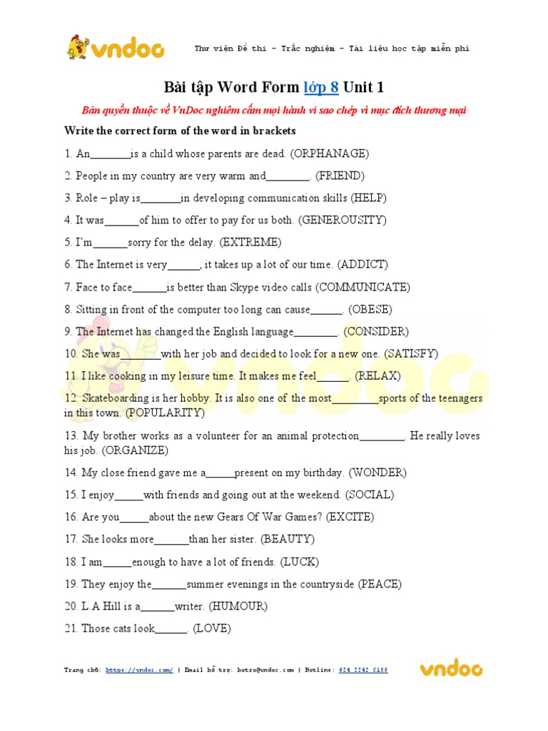 Bai Tap Word Form Lop 8 Unit 1 | PDF