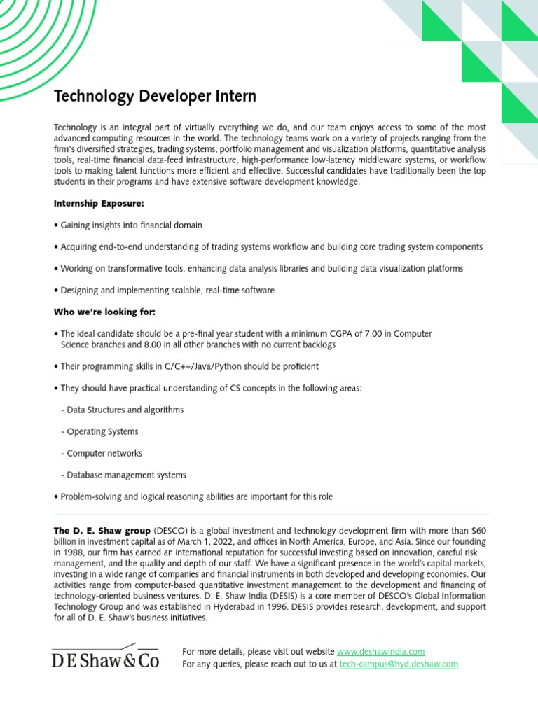 D.E. Shaw Technology Developer Internship | PDF | Algorithmic Trading ...