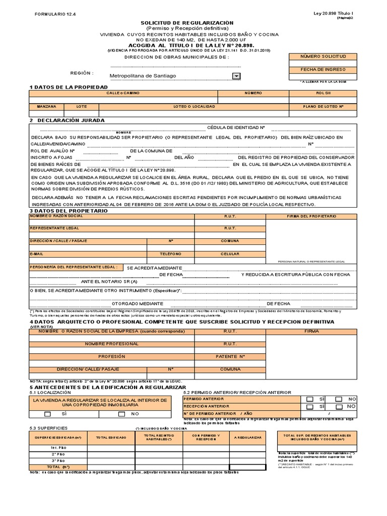 Formulario 12.4 Solicitud Regularizacion Vivienda Hasta 140 m2 Ley 20. ...