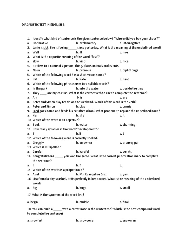 DIAGNOSTICTESTINENGLISH3 PDF English Language Languages