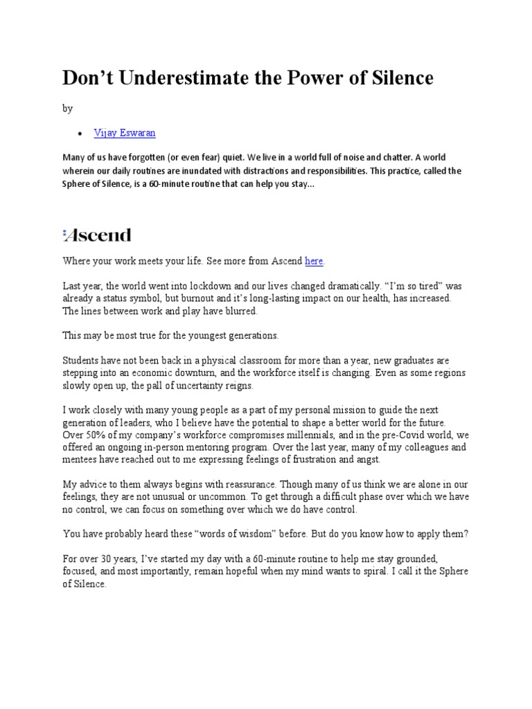Don T Underestimate The Power Of Silence Vijay Eswaran Pdf Silence