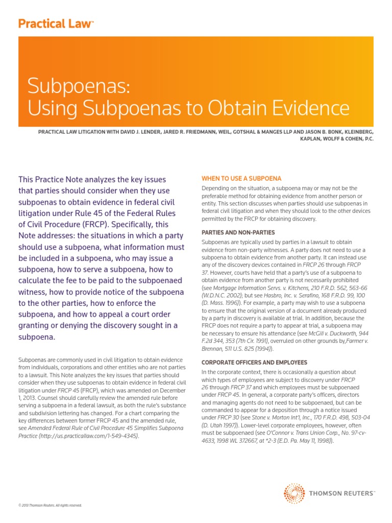 Subpoenas Using Subpoenas To Obtain Evidence PDF Federal Rules Of