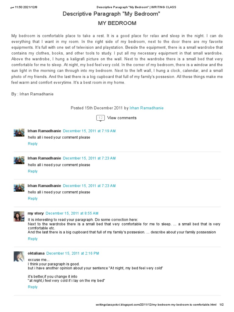 Descriptive Paragraph My Bedroom WRITING CLASS PDF Bedroom