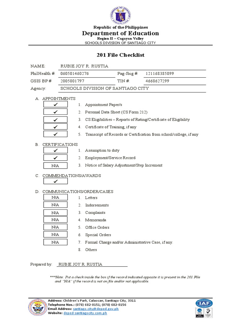 201 Checklist Template PDF