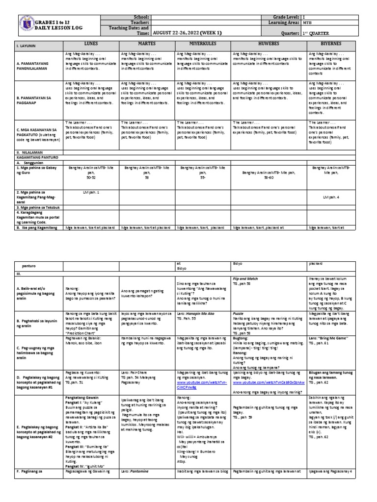 Dll Mtb 1 Q1 W1 Pdf Cognitive Psychology Science