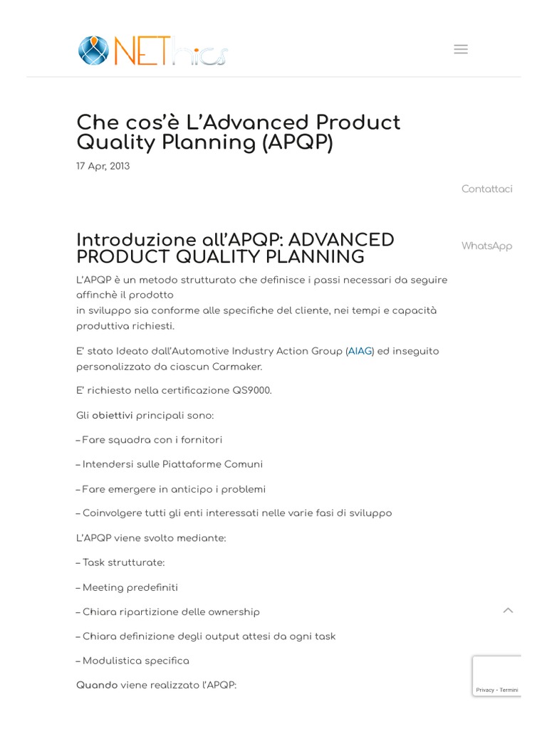 Che Cos'è L'Advanced Product Quality Planning (APQP) | PDF