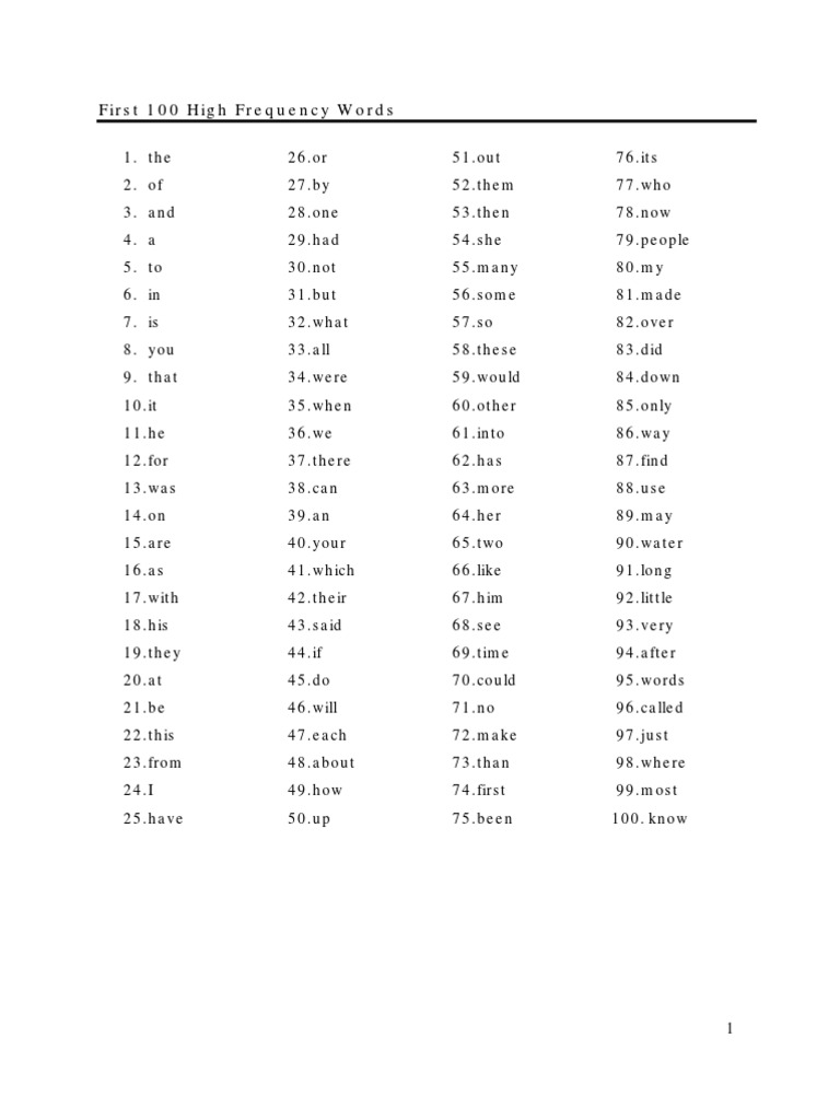First 100 High Frequency Words | PDF