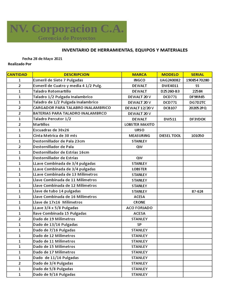 Inventario de Herramientas y Equipos | PDF | Electricidad | Ingenieria ...