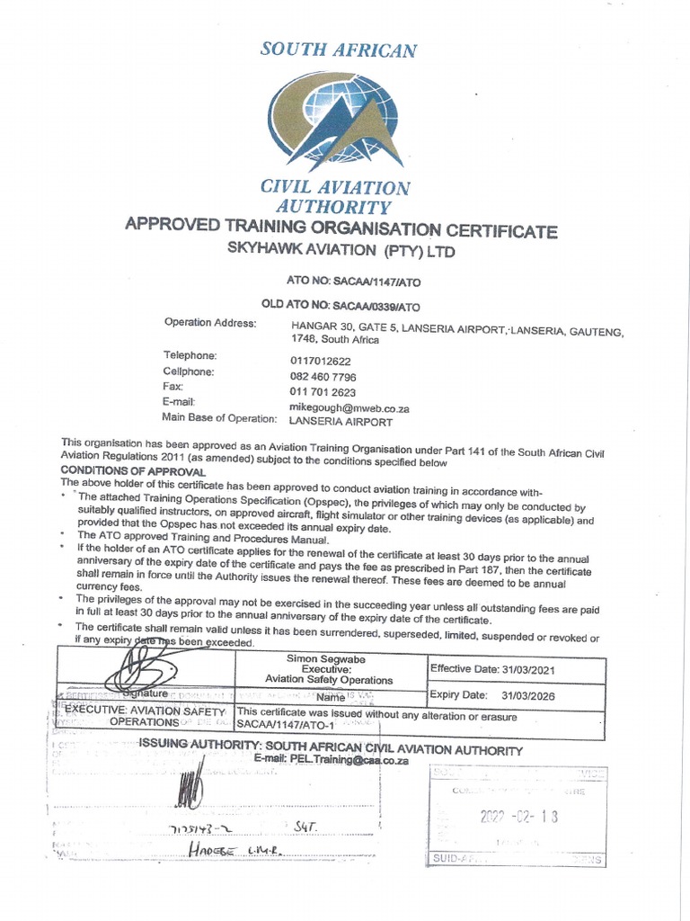Skyhawk Aviation ATO Certificate | PDF