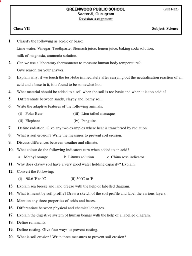 Science Revision Assignment for Class VII | PDF