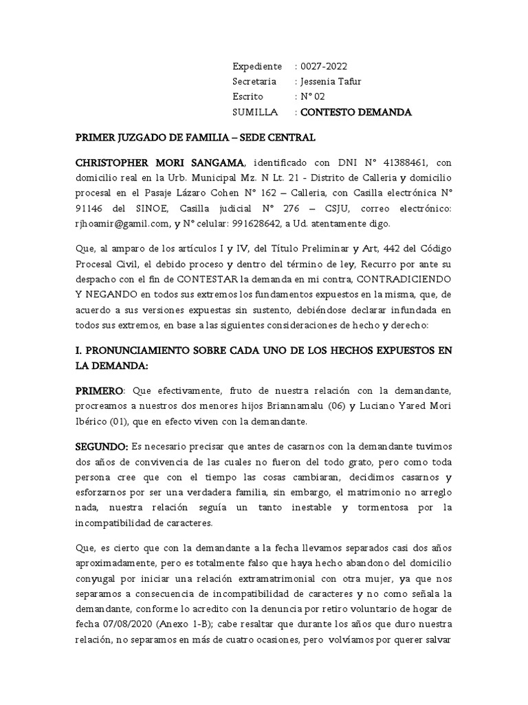 Contestacion de Demanda - Familia | PDF | Demanda judicial | Debido al ...