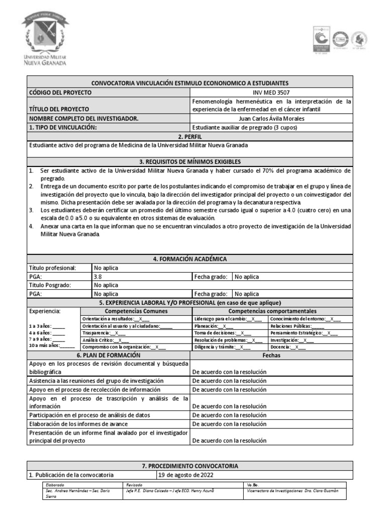 Formato de Convocatoria Vinculación Estimulo Económico A Estudiantes