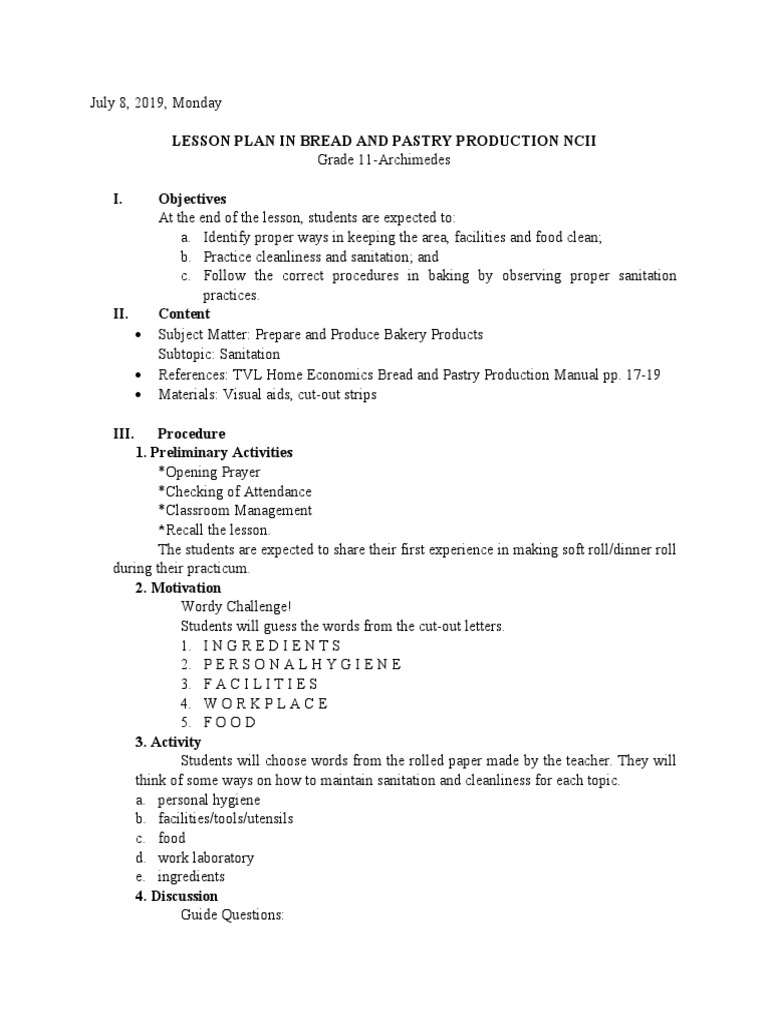 Lesson Plan in Bread and Pastry Production Ncii I. Objectives | PDF ...