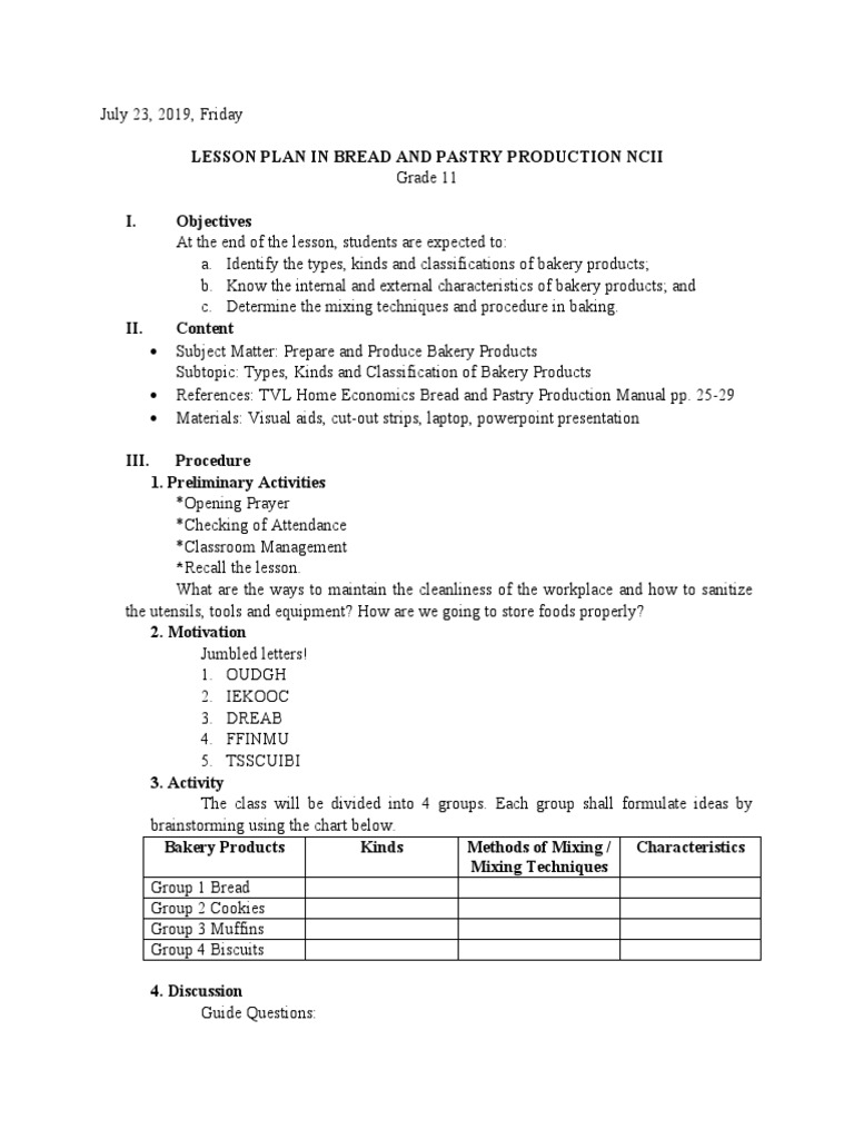Lesson Plan in Bread and Pastry Production Ncii I. Objectives | PDF ...