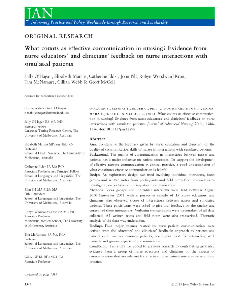 Journal of Advanced Nursing 2013 O Hagan What Counts As Effective Communication in Nursing