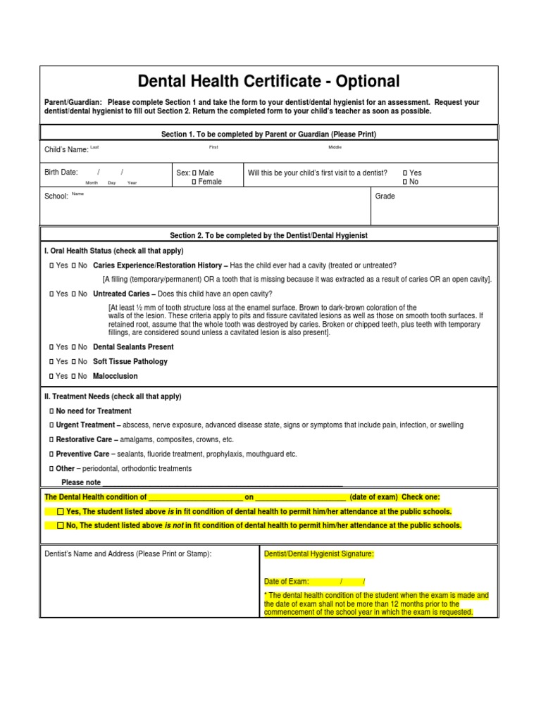 Dental Health Certificate for Students | PDF | Dentist | Health Sciences