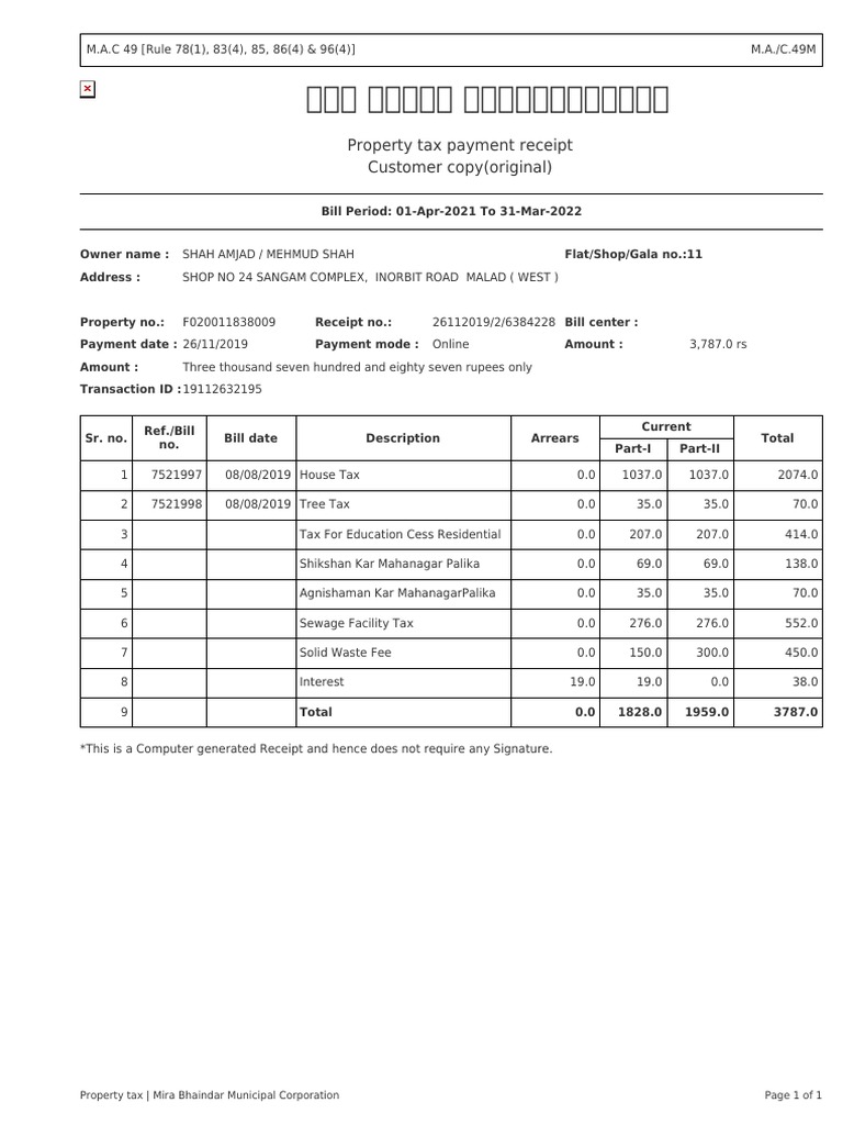 Property Tax Payment Receipt Customer Copy (Original) Property Tax