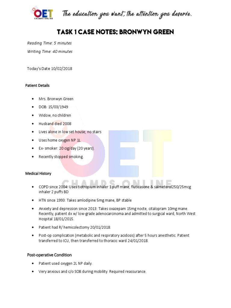 Task+1+-+BRONWYN+GREEN Oet For Nurses | PDF | Clinical Medicine | Medicine