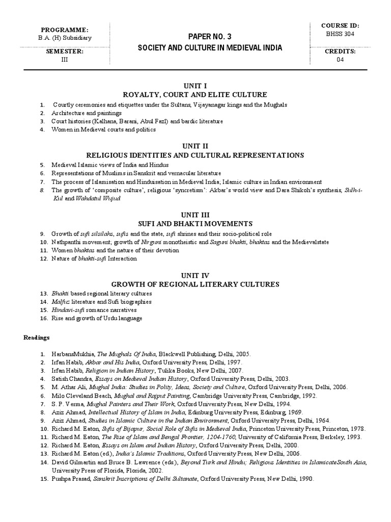 Sem 3 History Syllabus PDF Mughal Empire Bhakti