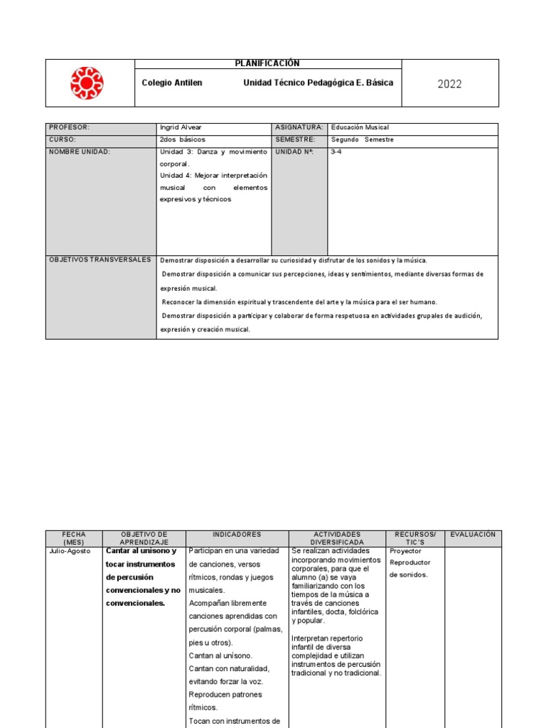 Planificación Educación Musical 2° Básico | PDF | Sonido | Ritmo
