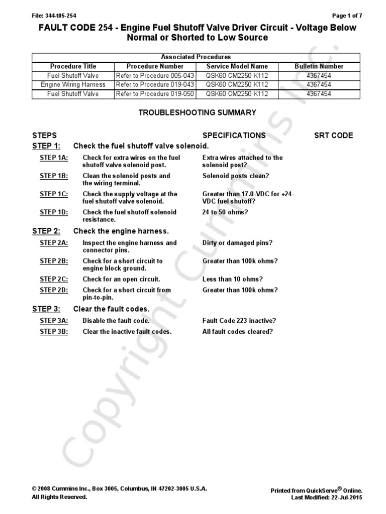 FAULT CODE 254 Engine Fuel Shutoff Valve Driver Circuit Voltage
