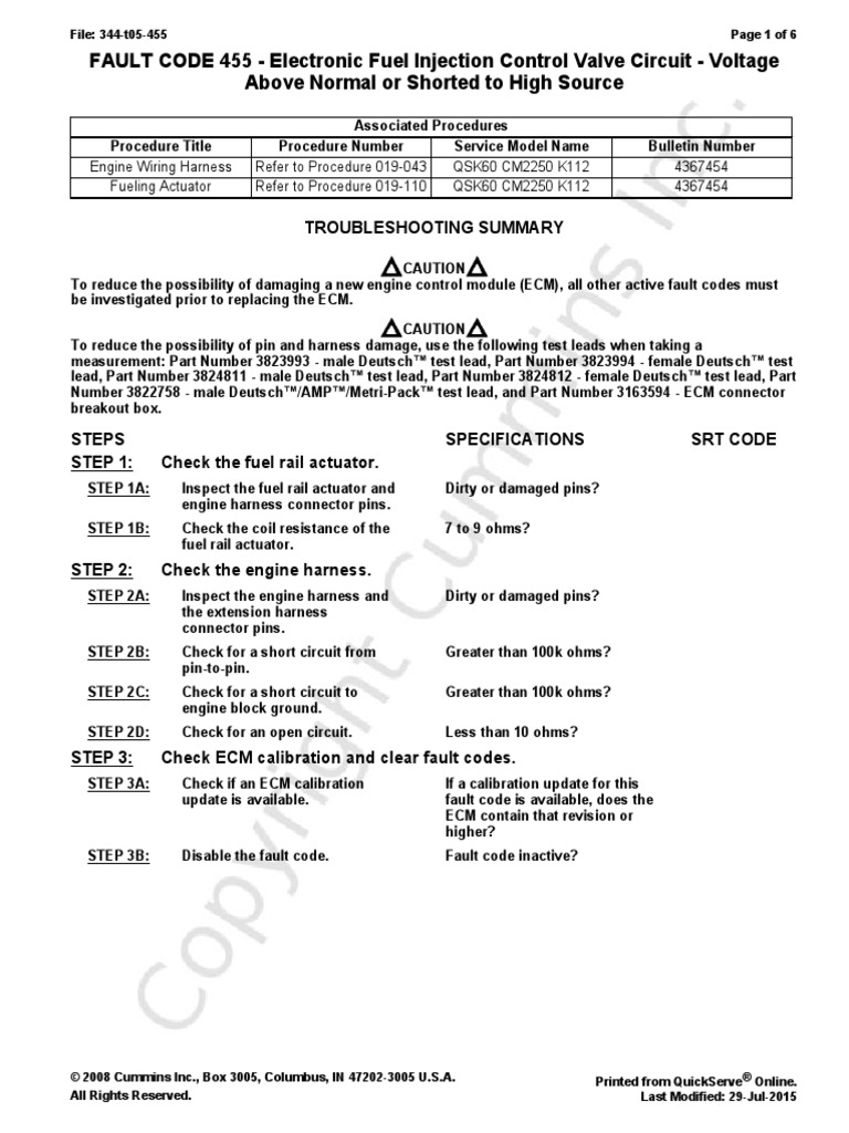 FAULT CODE 455 Electronic Fuel Injection Control Valve Circuit