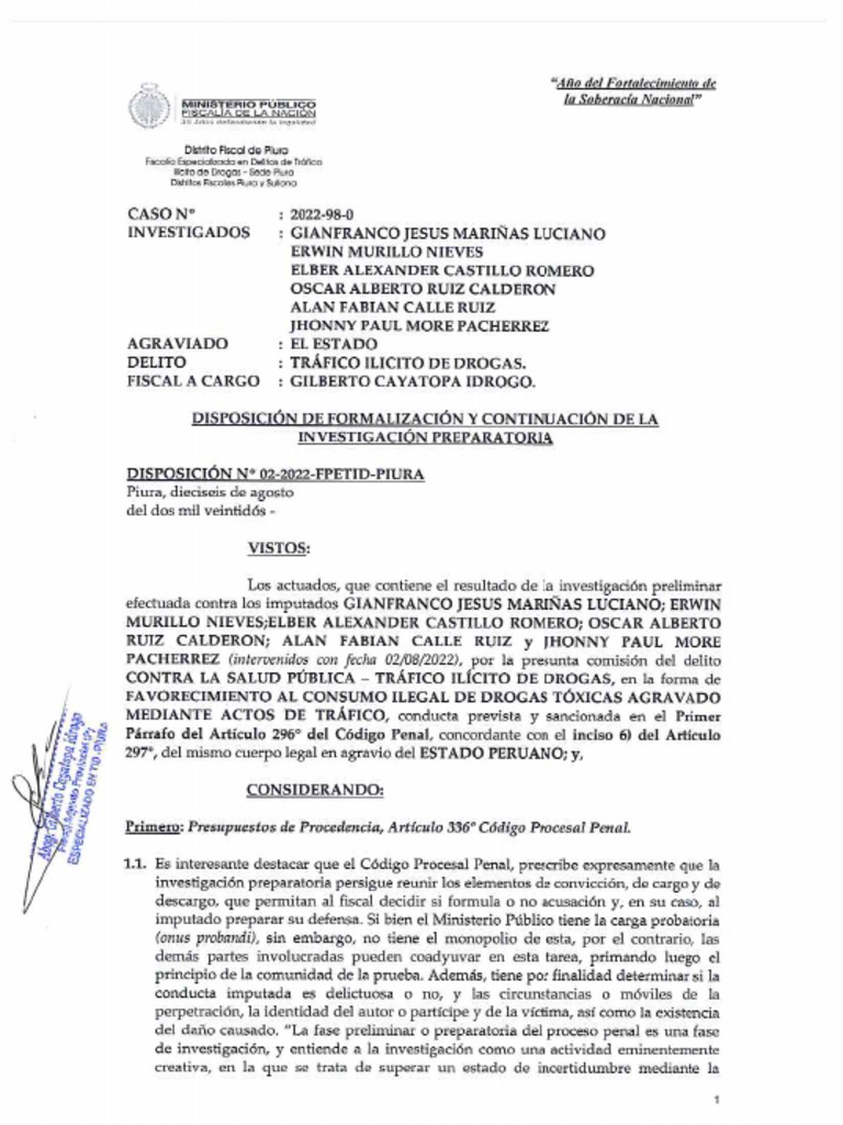 Formalizacion de La Investigacion Preparatoria CF 98-2022. | PDF