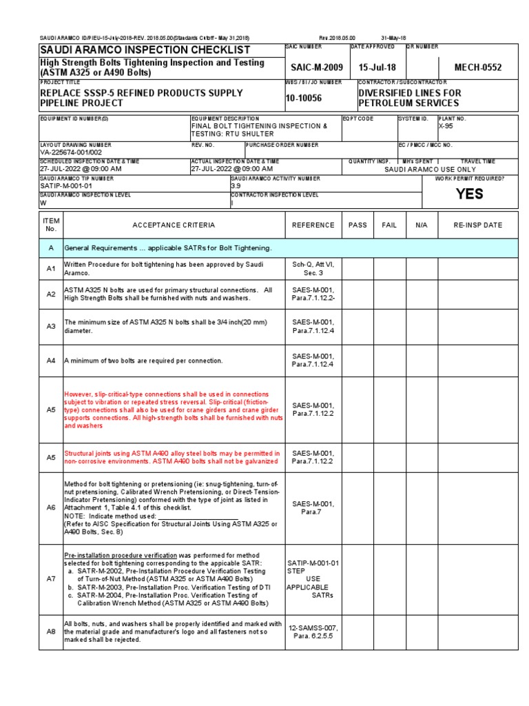 Aramco Bolt Inspection Checklist | PDF | Screw | Mechanical Engineering