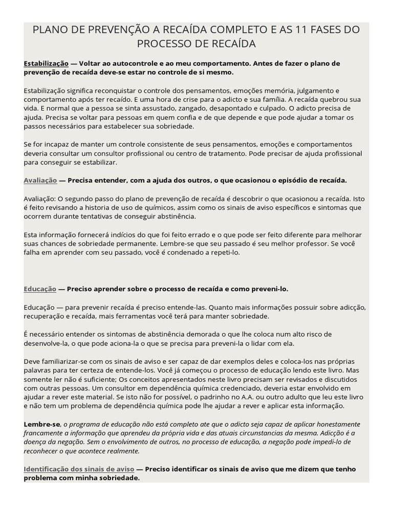 Plano de Prevenção A Recaída Completo e As 11 Fases Do Processo de ...