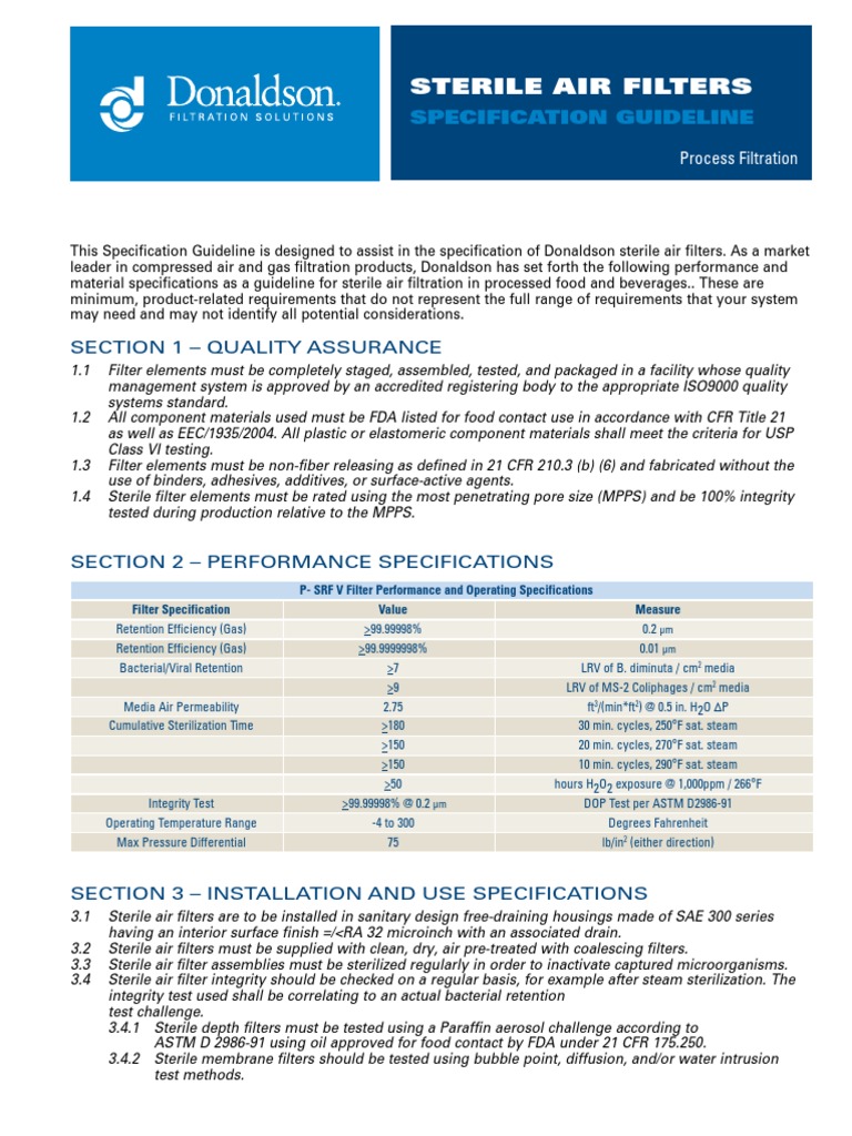 Sterile Air Filters Section 1 Quality Assurance PDF Filtration Sterilization (Microbiology)