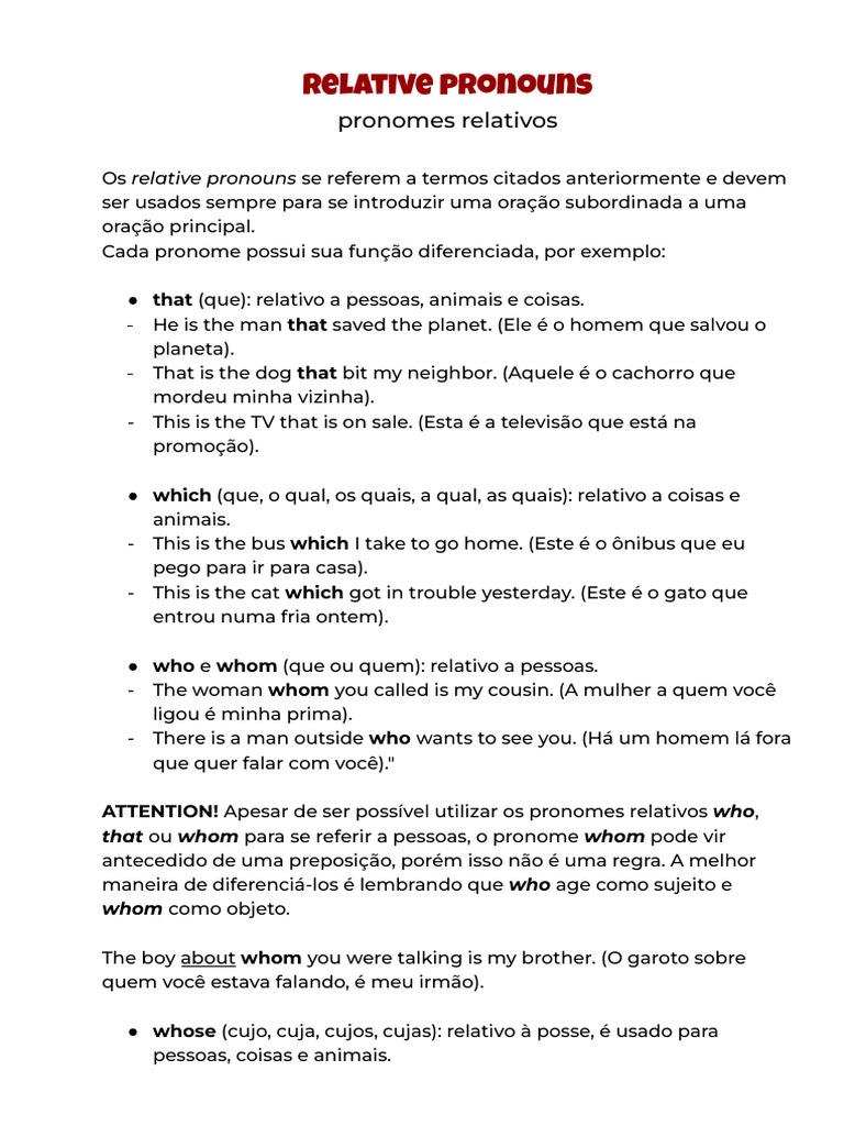 Pronomes Relativos em Inglês: Guia Completo | PDF | Pronome | Assunto ...