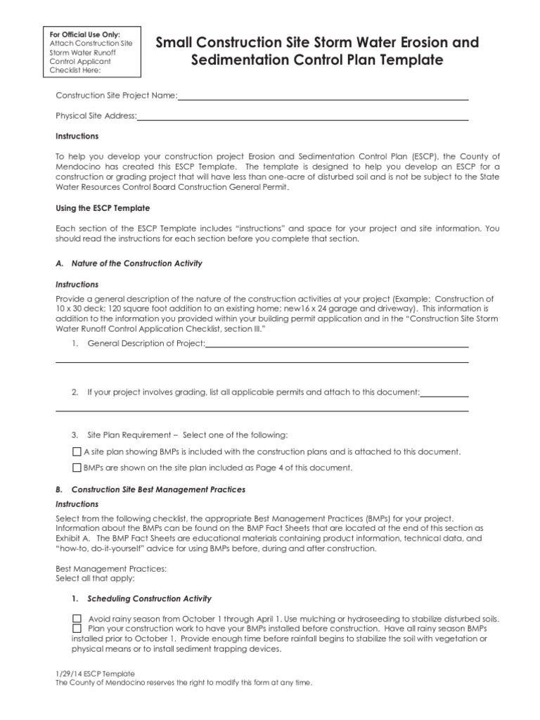 Sample Construction Site Storm Water & Erosion Control Plan Template