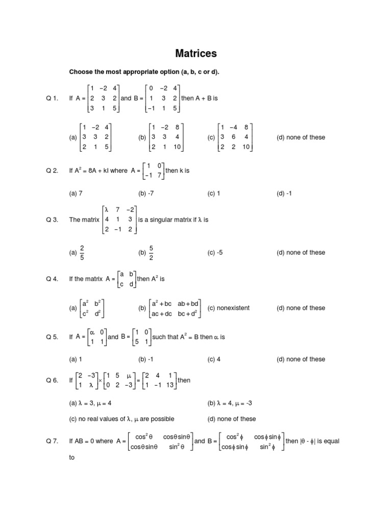 Matrices: Choose The Most Appropriate Option (A, B, C or D) | Download ...