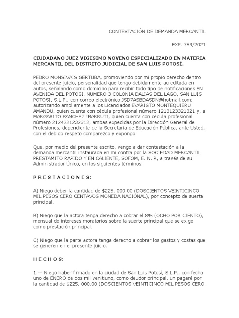 Contestación de Demanda Mercantil 1.2 | PDF
