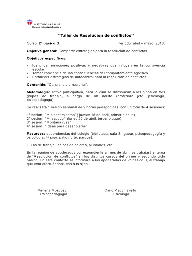 Taller de Resolución de Conflictos Escolar | PDF | Las emociones ...