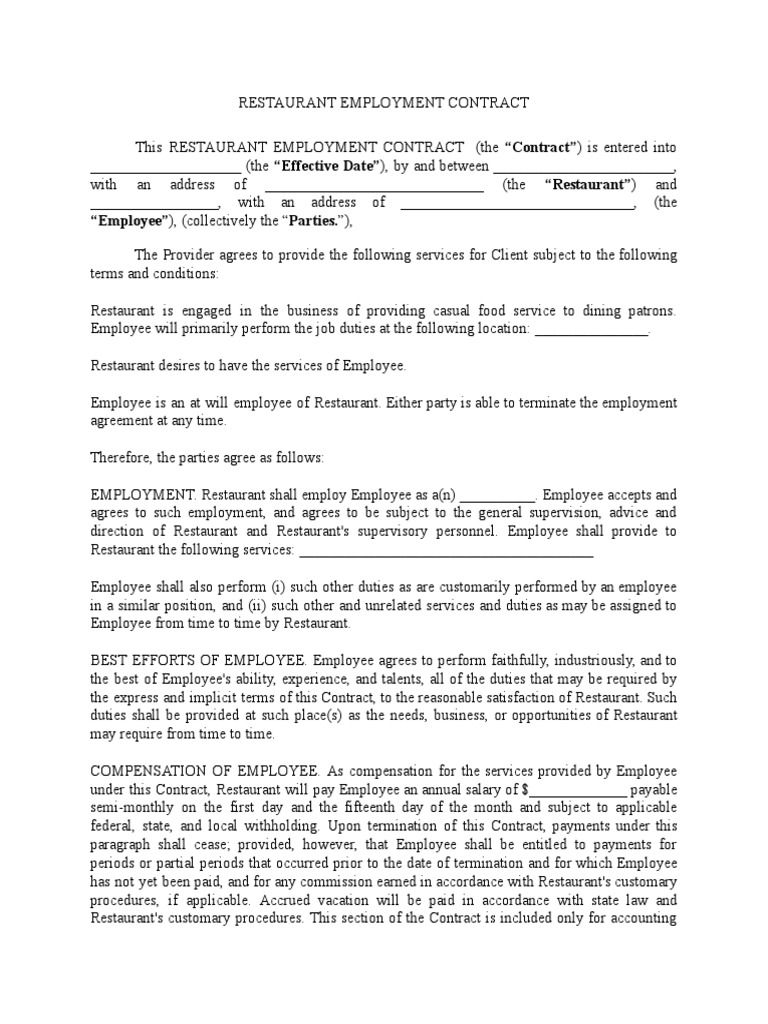 PDF Template Restaurant Employment Contract Template PDF Employment