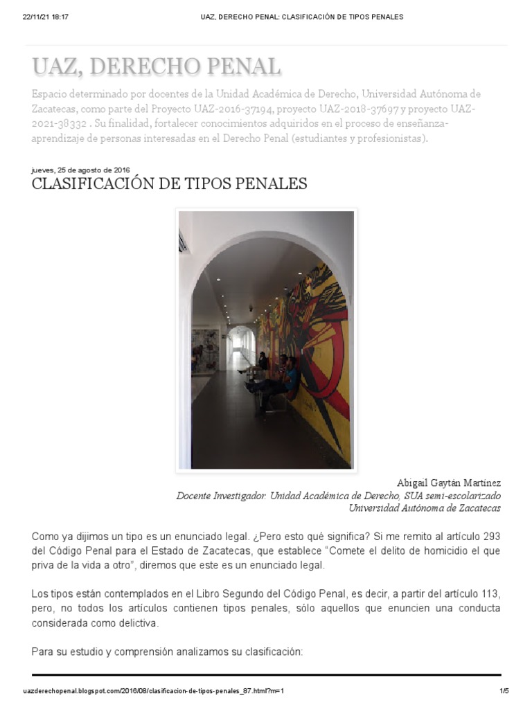 UAZ, DERECHO PENAL_ CLASIFICACIÓN DE TIPOS PENALES | PDF | Derecho